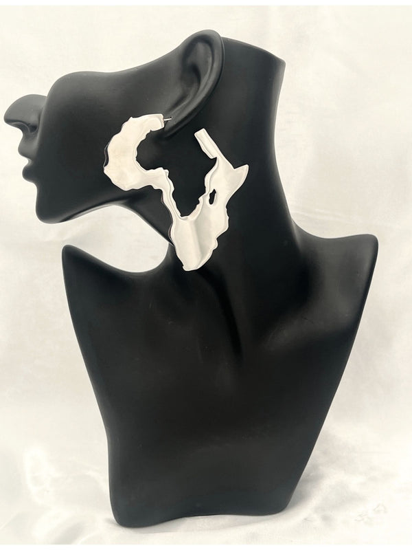 Africa-shaped earrings, silver Africa earrings, African continent jewelry, cultural pride earrings, statement silver earrings, Africa silhouette, statement silver earrings