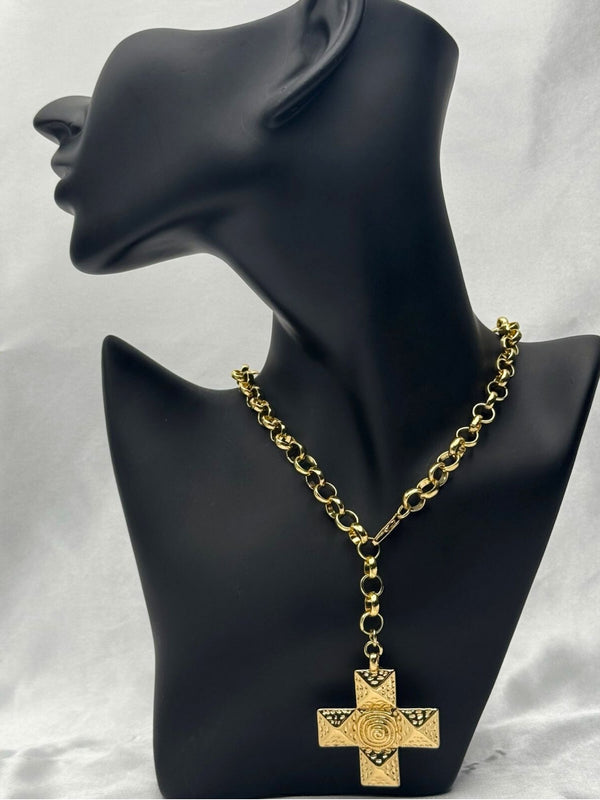 gold-tone cross pendant necklacetextured cross jewelrybold statement cross necklaceunique gold cross necklace for womenreligious fashion jewelrychunky chain cross pendantstylish gold-tone jewelryspiritual necklace for womenluxury cross necklaceintricate cross pendant designstatement necklaceunique necklace