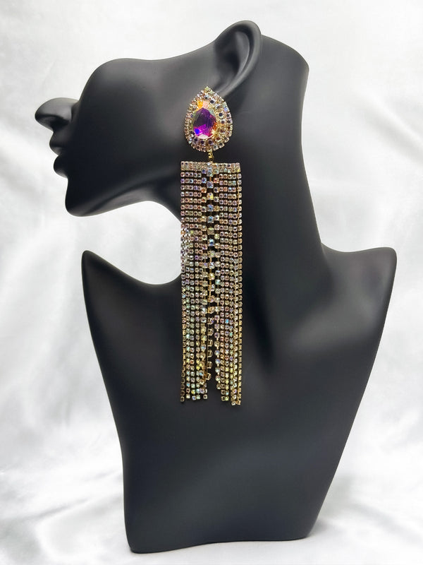 Blissful Elegance Crystal Drape EarringsLong statement crystal earringsTeardrop centerpiece earringsPurple and gold drop earringsCrystal fringe earringsElegant chandelier earringsGlamorous evening earringsSparkling long dangle earrings