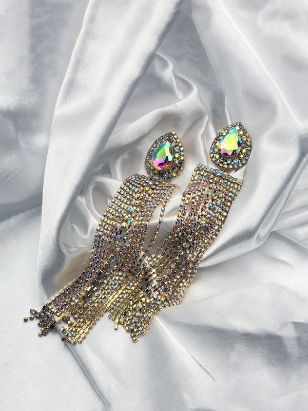 Blissful Elegance Crystal Drape EarringsLong statement crystal earringsTeardrop centerpiece earringsPurple and gold drop earringsCrystal fringe earringsElegant chandelier earringsGlamorous evening earringsSparkling long dangle earrings
