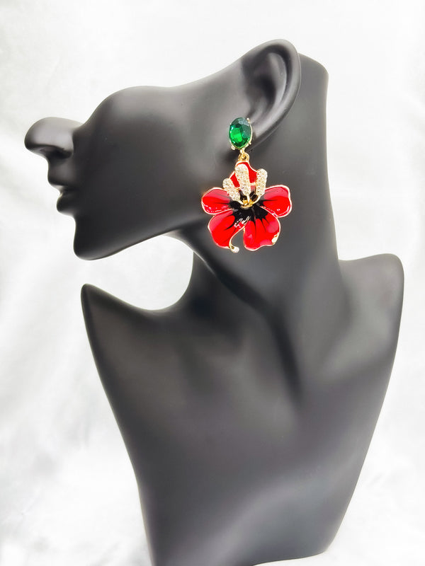 Blossom Elegance EarringsRed flower earringsStatement floral earringsGreen gemstone and crystal earringsBold red flower jewelryElegant flower earrings for womenVibrant floral drop earrings