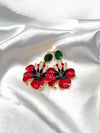Blossom Elegance EarringsRed flower earringsStatement floral earringsGreen gemstone and crystal earringsBold red flower jewelryElegant flower earrings for womenVibrant floral drop earrings