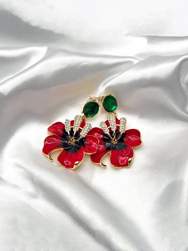 Blossom Elegance EarringsRed flower earringsStatement floral earringsGreen gemstone and crystal earringsBold red flower jewelryElegant flower earrings for womenVibrant floral drop earrings