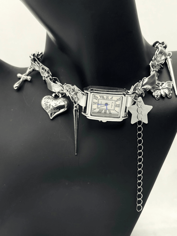 Charm watch necklaceSilver-tone charm jewelryFunctional watch necklaceEdgy statement necklaceButterfly and heart charm necklaceUnique jewelry with watchSpike charm necklaceGothic-inspired jewelryFashionable timepiece necklaceMulti-charm silver necklaceWomen’s bold jewelry accessoryStylish watch pendant necklaceCreative statement jewelryTrendy charm necklace with watchModern functional jewelry design