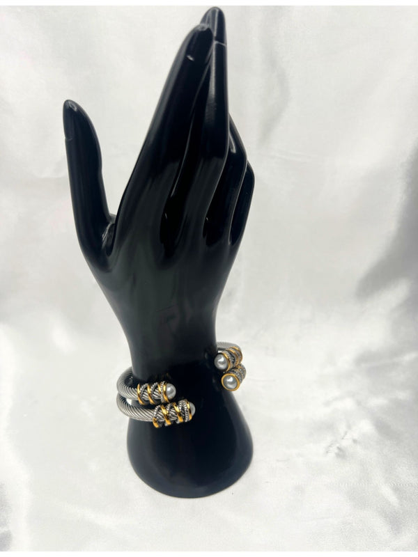 dual-tone bangle, silver and gold bangle, pearl accent bangle, stacked bangles, elegant twist bangle, luxury bangle set, elegant bracelet, classy bracelet