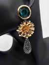 green gemstone flower earrings, luxury drop earrings, gold and crystal earrings, statement evening jewelry, elegant black and gold earrings