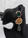 green gemstone flower earrings, luxury drop earrings, gold and crystal earrings, statement evening jewelry, elegant black and gold earrings