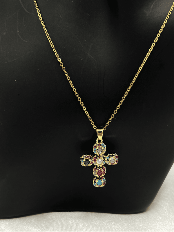 gold-tone crystal cross necklacemulticolored crystal pendant necklaceelegant cross jewelry for womenstatement cross necklacewomen’s gold-tone cross pendantcolorful crystal cross necklacebold religious jewelry for womentrendy gold-tone cross necklacewomen’s faith-inspired jewelrysparkling cross necklace for women
