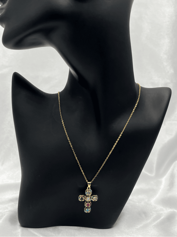 gold-tone crystal cross necklacemulticolored crystal pendant necklaceelegant cross jewelry for womenstatement cross necklacewomen’s gold-tone cross pendantcolorful crystal cross necklacebold religious jewelry for womentrendy gold-tone cross necklacewomen’s faith-inspired jewelrysparkling cross necklace for women