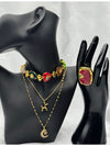 Multicolor heart charm chokerLayered pendant necklace setCrescent moon charm necklaceRed gemstone statement ringEnchanted jewelry set for womenPlayful and elegant jewelry collectionUnique charm jewelry setBoho chic layered necklace