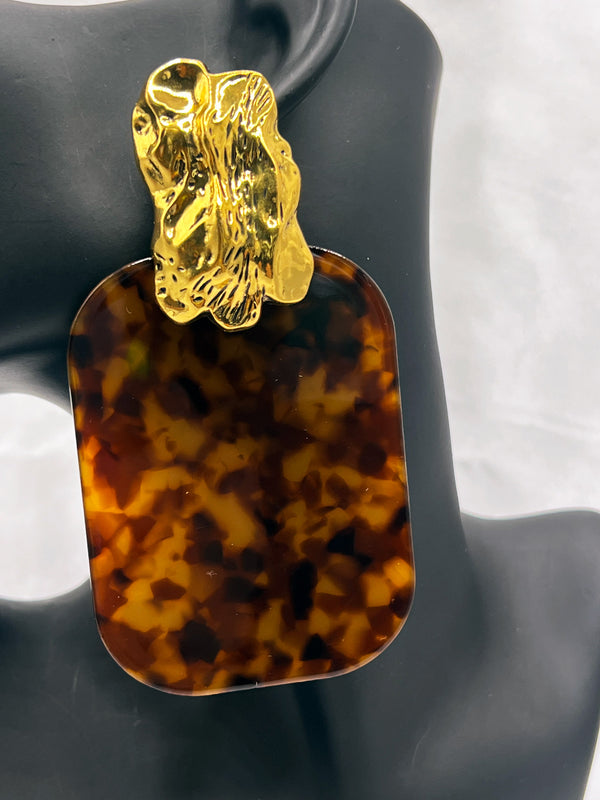 tortoiseshell earrings, bold rectangular earrings, statement tortoiseshell jewelry, gold abstract earrings, fierce beauty accessories, leopard print earringsleopard print jewelry