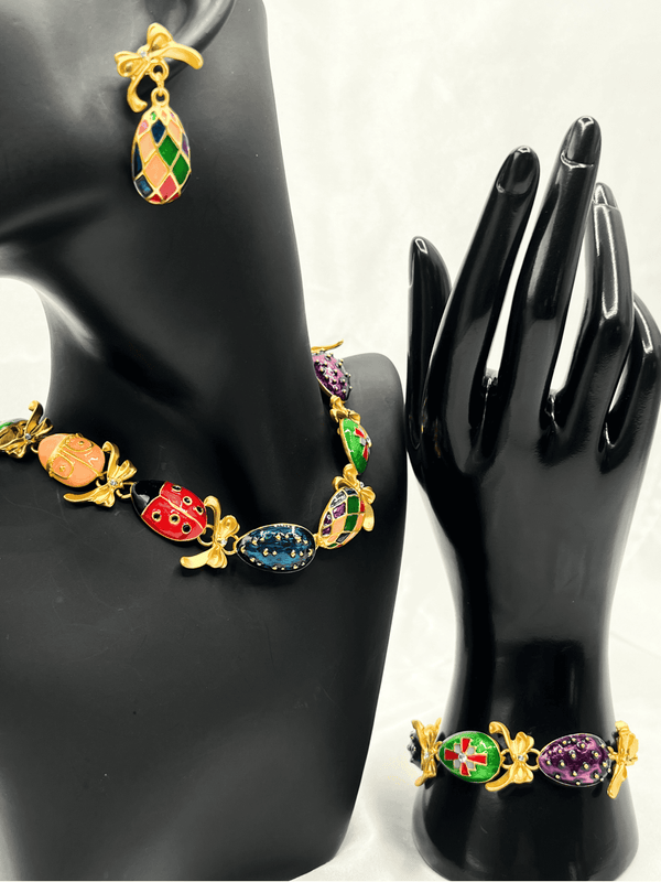 gold-tone egg charm bracelet setmulticolored egg jewelry setplayful statement bracelet and earringswhimsical gold-tone jewelrycolorful charm bracelet for womenbold fashion jewelry setunique egg charm accessorieselegant gold and enamel jewelrywomen’s multicolored bracelet settrendy statement jewelry set