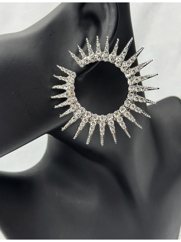 crystal hoop earrings, silver statement earrings, glamorous jewelry, sparkling hoop earrings, radiant earrings, unique hoop earrings, luxury crystal jewelry, elegant earrings, formal earrings