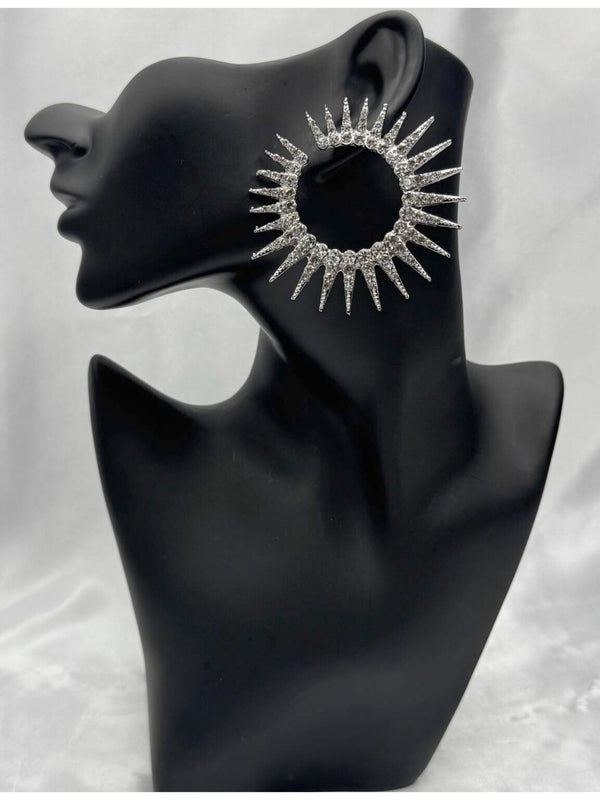 crystal hoop earrings, silver statement earrings, glamorous jewelry, sparkling hoop earrings, radiant earrings, unique hoop earrings, luxury crystal jewelry, elegant earrings, formal earrings