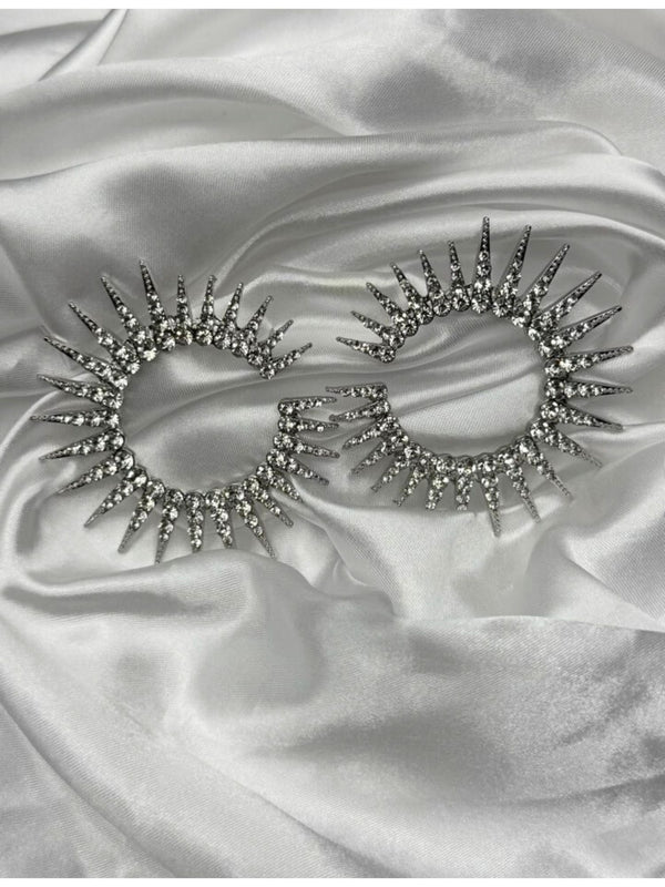 crystal hoop earrings, silver statement earrings, glamorous jewelry, sparkling hoop earrings, radiant earrings, unique hoop earrings, luxury crystal jewelry, elegant earrings, formal earrings