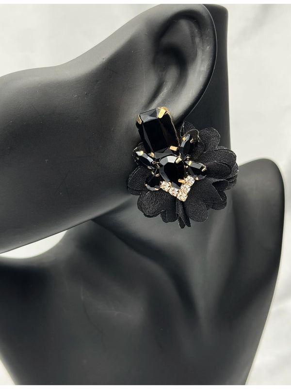 black crystal flower earrings, midnight bloom earrings, black floral statement earrings, elegant evening earrings, black and gold crystal jewelry, rhinestone floral earrings