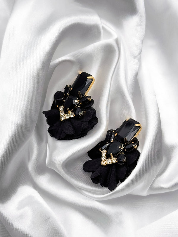 black crystal flower earrings, midnight bloom earrings, black floral statement earrings, elegant evening earrings, black and gold crystal jewelry, rhinestone floral earrings