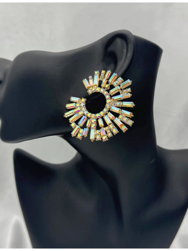 radiant halo earrings, iridescent crystal earrings, statement circle earrings, glittery baguette earrings, glamorous evening jewelry