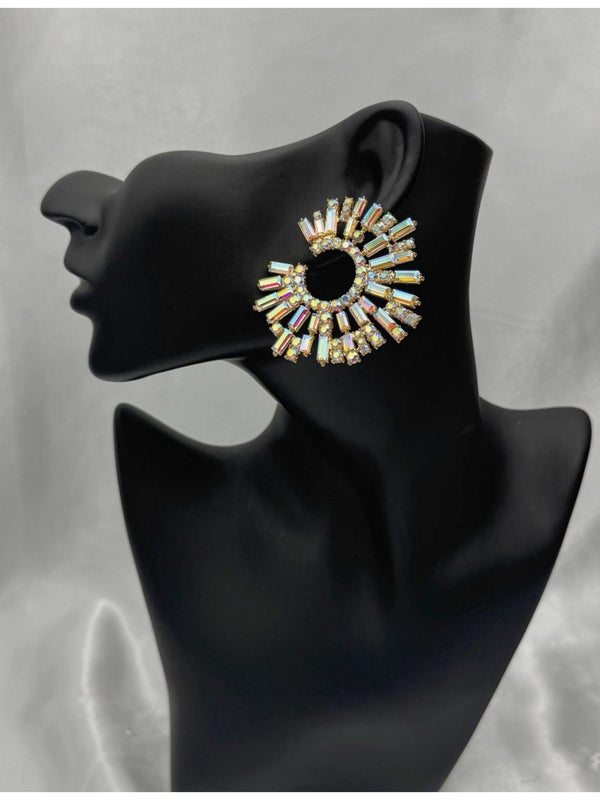 radiant halo earrings, iridescent crystal earrings, statement circle earrings, glittery baguette earrings, glamorous evening jewelry