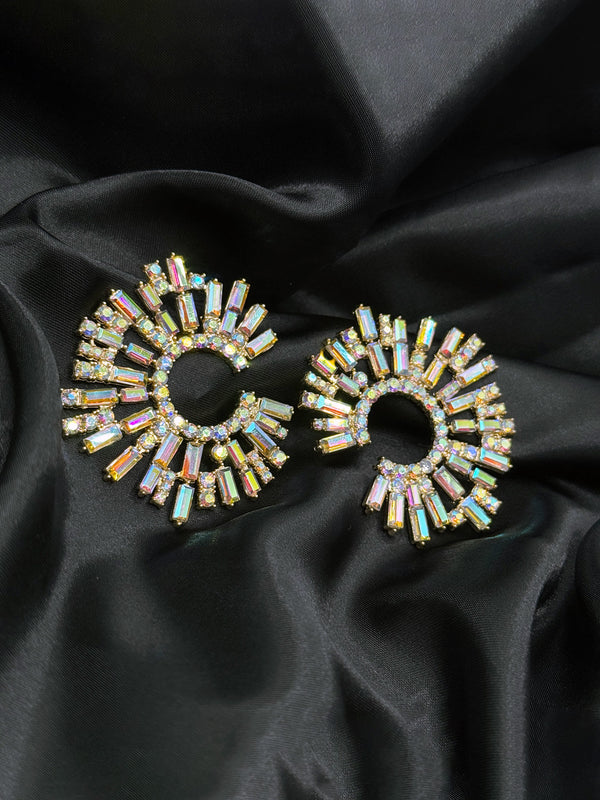 radiant halo earrings, iridescent crystal earrings, statement circle earrings, glittery baguette earrings, glamorous evening jewelry