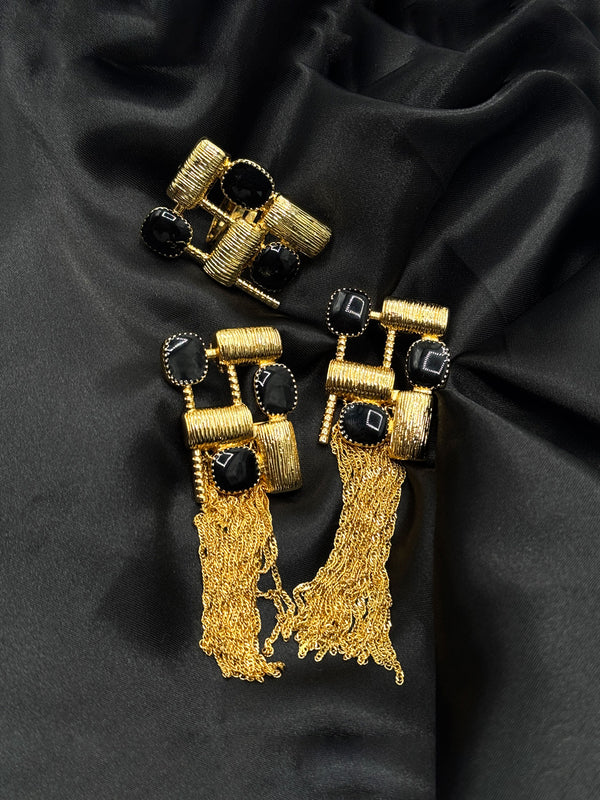 black and gold statement jewelry set, geometric earrings and ring set, cascading chain earrings, bold evening jewelry, matching earrings and ring set, elegant black and gold jewelry, statement earrings and ringearring and ring set
