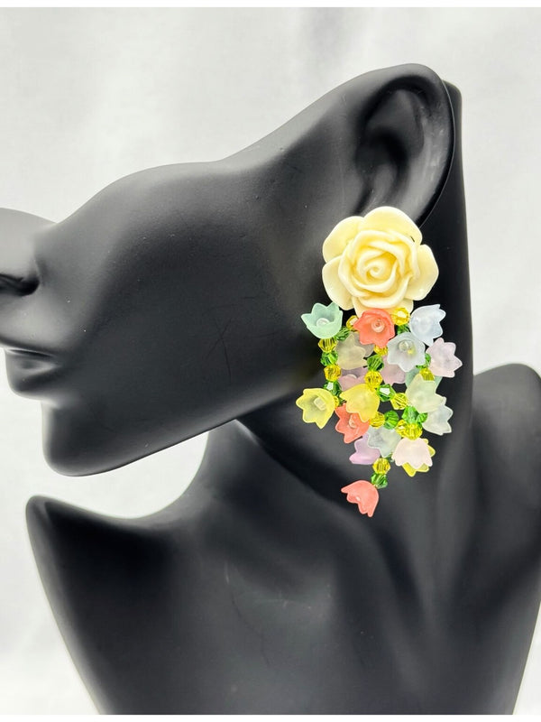 floral cascade earrings, ivory rose earrings, pastel flower earrings, spring-inspired jewelry, statement floral earrings, romantic floral jewelry, vacation earrings, tropical jewelry