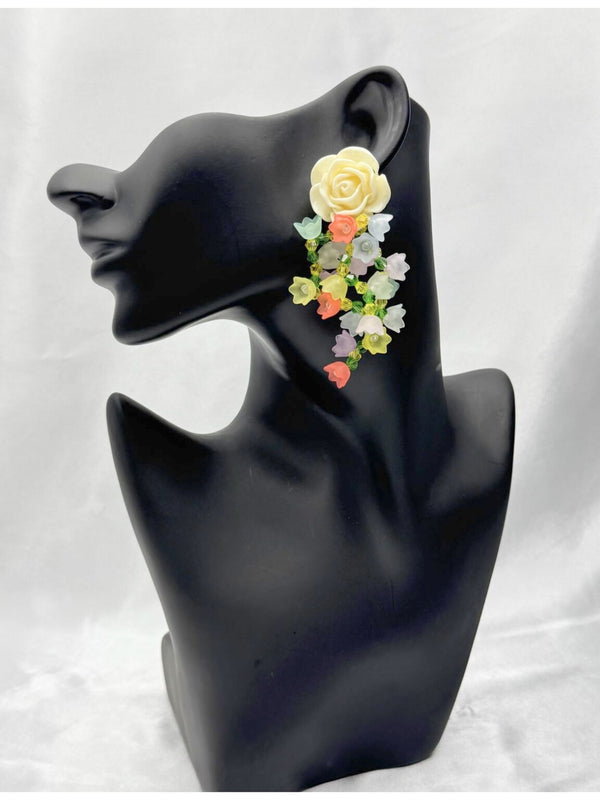 floral cascade earrings, ivory rose earrings, pastel flower earrings, spring-inspired jewelry, statement floral earrings, romantic floral jewelry, vacation earrings, tropical jewelry