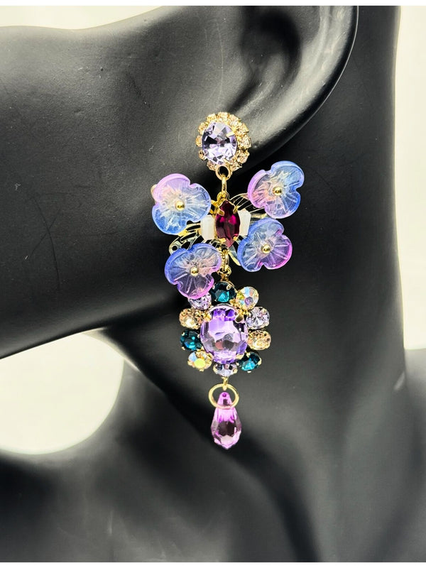 multicolor floral earrings, purple gemstone earrings, translucent flower earrings, statement crystal drop earrings, amethyst floral jewelry, elegant colorful earrings