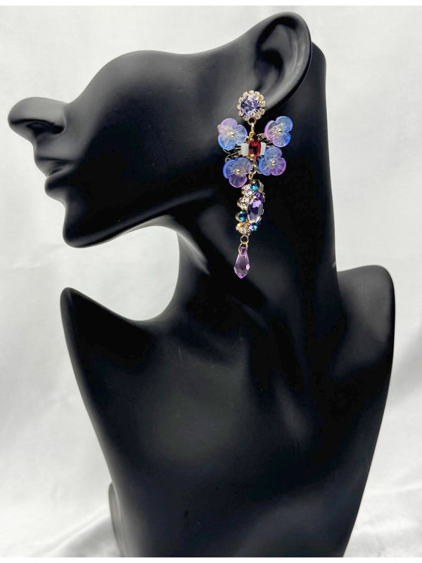 multicolor floral earrings, purple gemstone earrings, translucent flower earrings, statement crystal drop earrings, amethyst floral jewelry, elegant colorful earrings