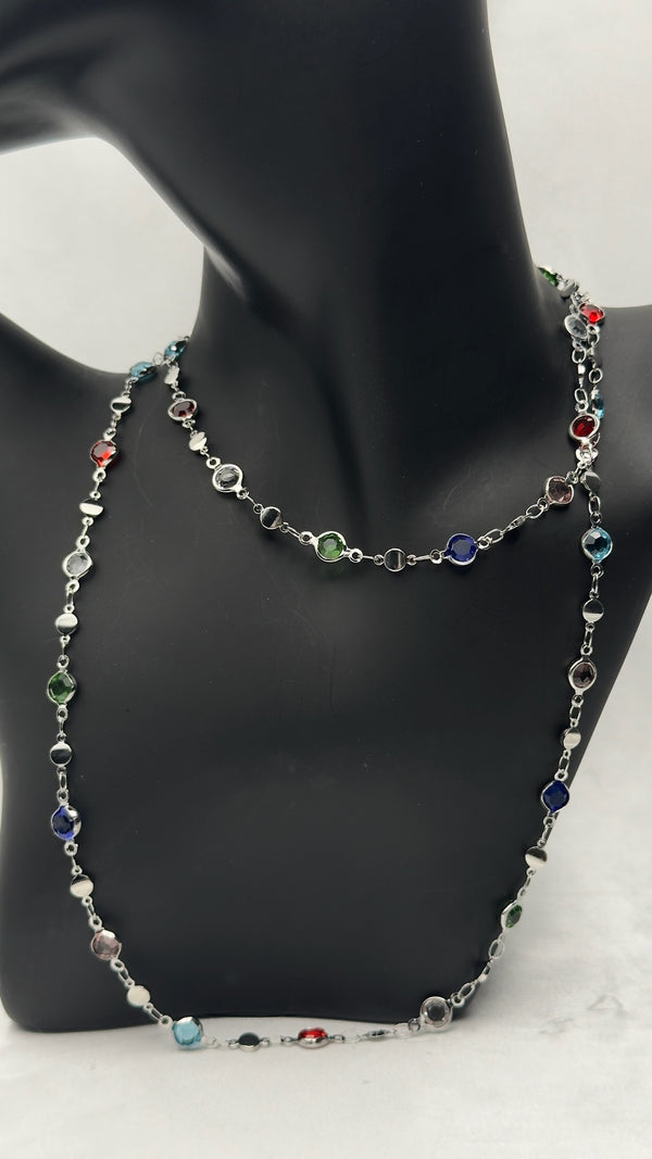 Multi-gem necklaceLong chain gemstone jewelryColorful statement necklaceSilver-tone gemstone necklaceVibrant long chain necklaceLayering chain jewelryElegant gemstone fashion necklaceWomen’s colorful jewelryVersatile long chain accessoryMinimalist silver necklaceStylish multicolor necklaceEveryday gemstone necklaceDesigner-inspired chain necklaceLightweight statement jewelryBold and colorful chain design