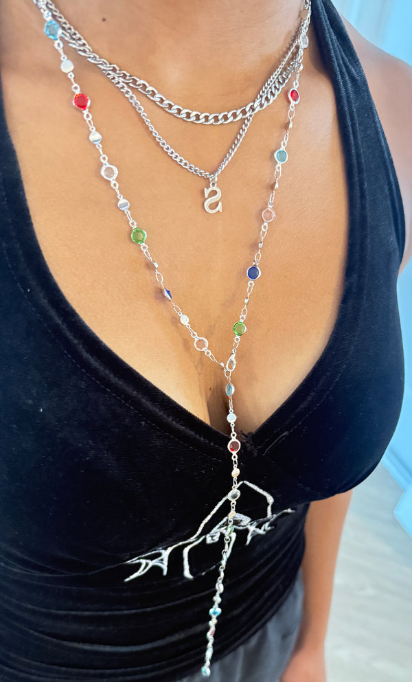 Multi-gem necklaceLong chain gemstone jewelryColorful statement necklaceSilver-tone gemstone necklaceVibrant long chain necklaceLayering chain jewelryElegant gemstone fashion necklaceWomen’s colorful jewelryVersatile long chain accessoryMinimalist silver necklaceStylish multicolor necklaceEveryday gemstone necklaceDesigner-inspired chain necklaceLightweight statement jewelryBold and colorful chain design