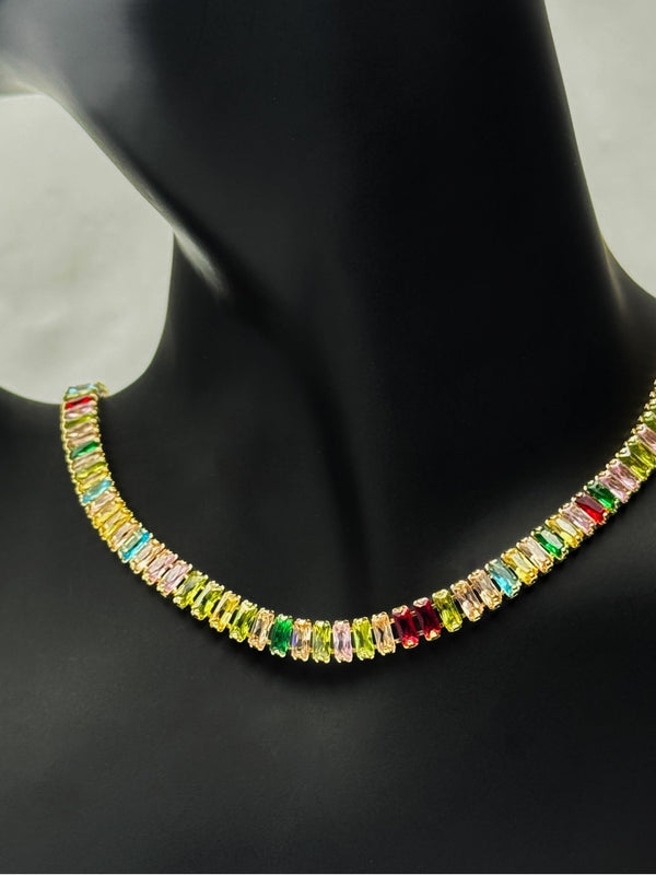 gold-tone multicolored gemstone necklacecolorful baguette-cut stone necklacevibrant gemstone statement necklaceluxury multicolored necklace for womenbold fashion necklacecolorful jewelry for special occasionswomen’s multicolor stone necklacetrendy gemstone jewelryelegant statement necklace for womenluxury gold-tone necklace with gemstones