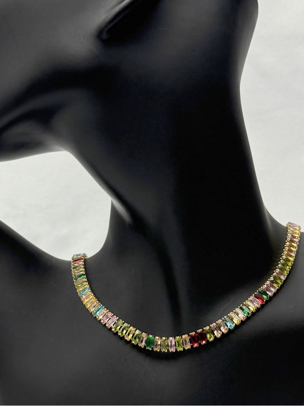 gold-tone multicolored gemstone necklacecolorful baguette-cut stone necklacevibrant gemstone statement necklaceluxury multicolored necklace for womenbold fashion necklacecolorful jewelry for special occasionswomen’s multicolor stone necklacetrendy gemstone jewelryelegant statement necklace for womenluxury gold-tone necklace with gemstones