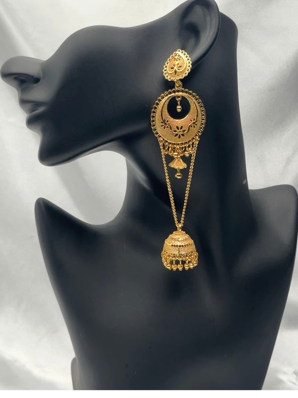 Gold jhumka earringsCrescent moon earringsTraditional Indian earringsFloral filigree gold earringsWedding jhumka jewelryEthnic long dangle earringsLightweight gold earringsFestive gold earringsBridal statement earringsGold chain jhumka design