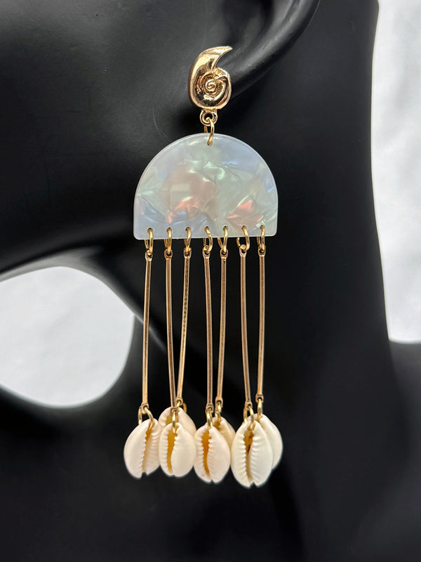 ocean shell earrings, beach-inspired jewelry, shell dangle earrings, iridescent half-moon earrings, coastal statement earrings, summer beach jewelry, shell charm earrings, vacation jewelry