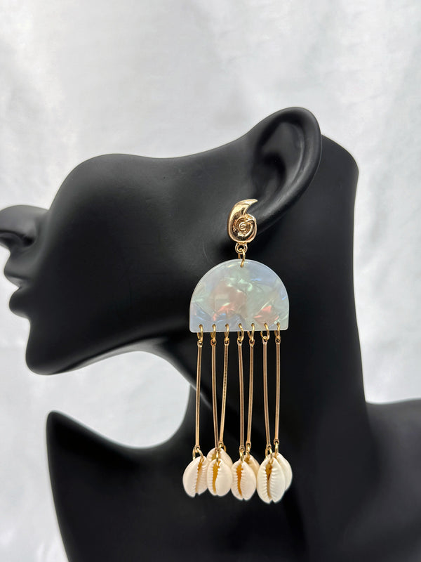 ocean shell earrings, beach-inspired jewelry, shell dangle earrings, iridescent half-moon earrings, coastal statement earrings, summer beach jewelry, shell charm earrings, vacation jewelry