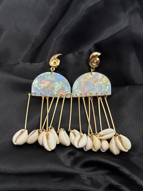 ocean shell earrings, beach-inspired jewelry, shell dangle earrings, iridescent half-moon earrings, coastal statement earrings, summer beach jewelry, shell charm earrings, vacation jewelry