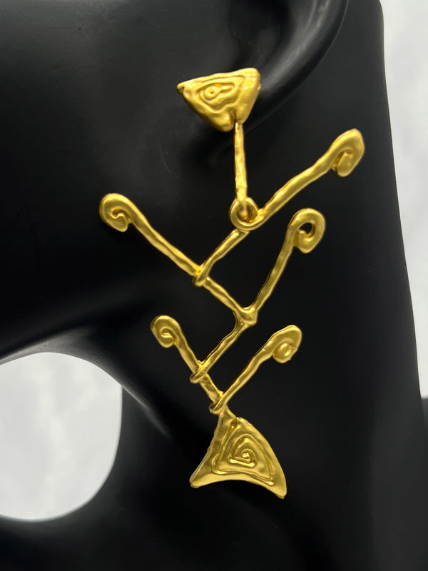 fishbone earrings, ocean-inspired earrings, gold statement earrings, aquatic jewelry, abstract fish earrings, ocean treasure jewelry, bold fishbone earringsstatement earrings