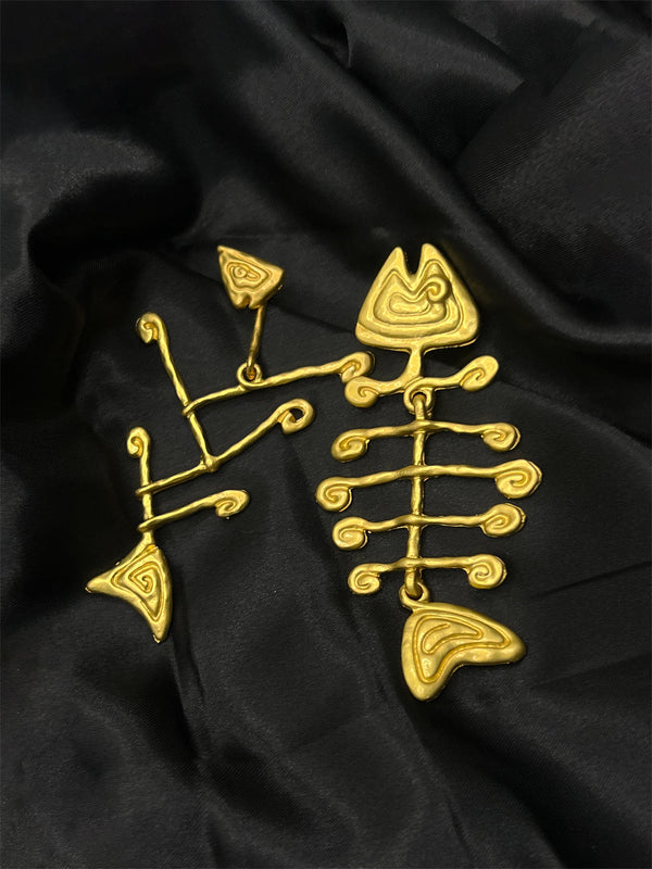 fishbone earrings, ocean-inspired earrings, gold statement earrings, aquatic jewelry, abstract fish earrings, ocean treasure jewelry, bold fishbone earringsstatement earrings