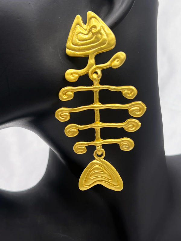 fishbone earrings, ocean-inspired earrings, gold statement earrings, aquatic jewelry, abstract fish earrings, ocean treasure jewelry, bold fishbone earringsstatement earrings