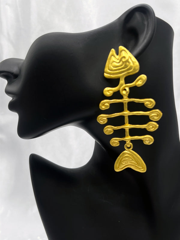 fishbone earrings, ocean-inspired earrings, gold statement earrings, aquatic jewelry, abstract fish earrings, ocean treasure jewelry, bold fishbone earringsstatement earrings