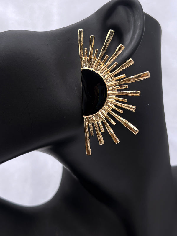 celestial half-moon earrings, black and gold statement earrings, sunburst moon earrings, cosmic jewelry, celestial glow earrings, moon phase earrings