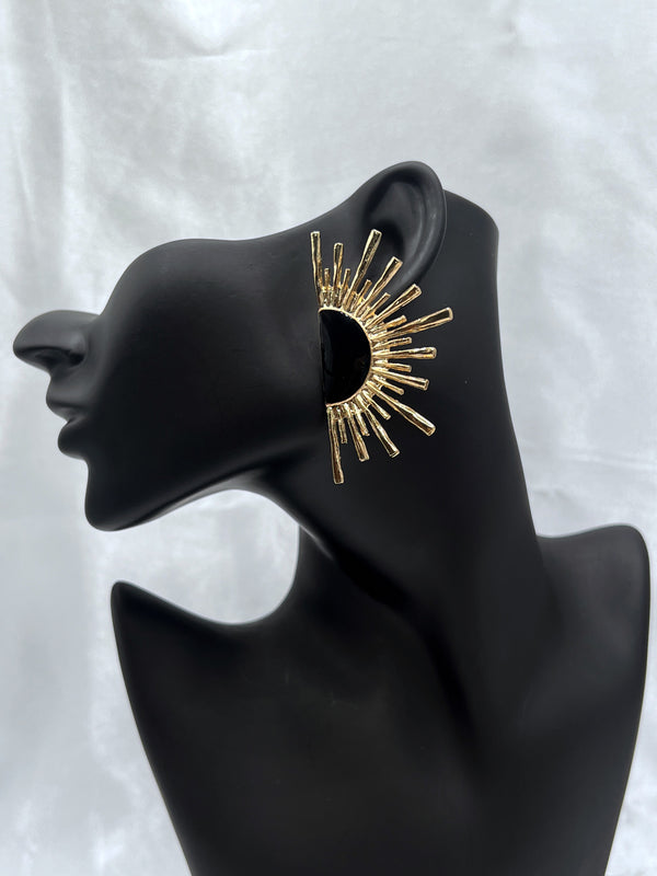 celestial half-moon earrings, black and gold statement earrings, sunburst moon earrings, cosmic jewelry, celestial glow earrings, moon phase earrings