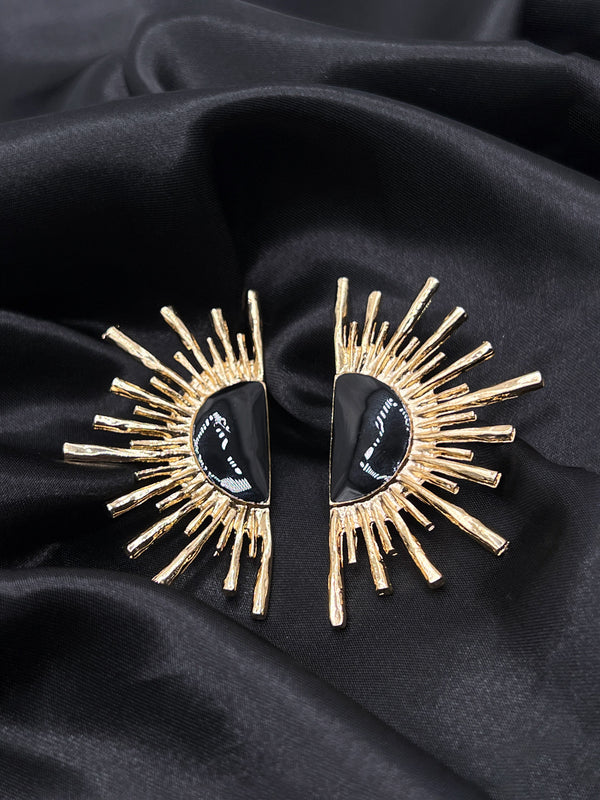 celestial half-moon earrings, black and gold statement earrings, sunburst moon earrings, cosmic jewelry, celestial glow earrings, moon phase earrings