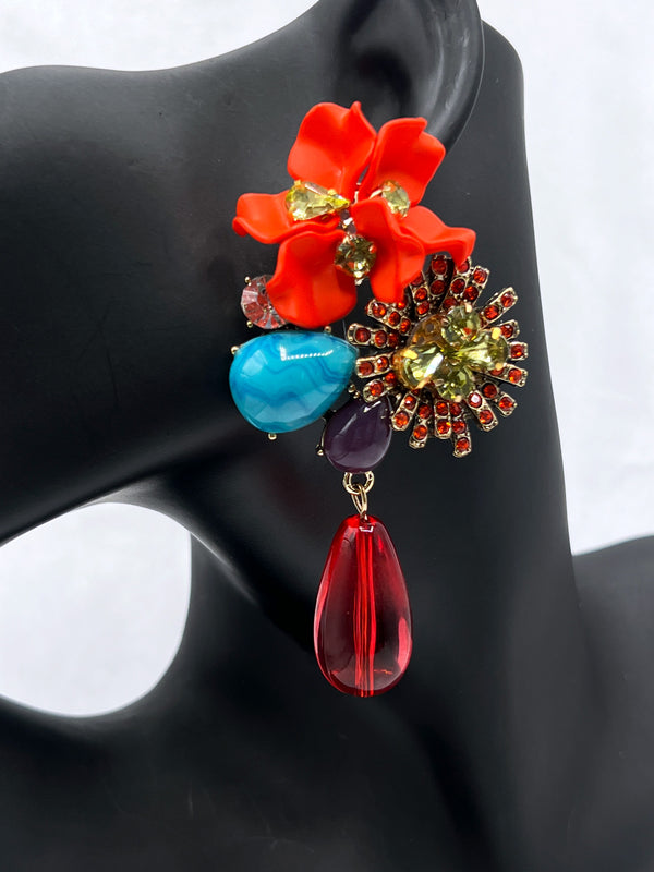 paradise chic earrings, red flower statement earrings, colorful gemstone earrings, bold tropical earrings, red teardrop earrings, vibrant fashion jewelryvacation jewelry