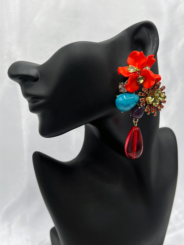 paradise chic earrings, red flower statement earrings, colorful gemstone earrings, bold tropical earrings, red teardrop earrings, vibrant fashion jewelryvacation jewelry