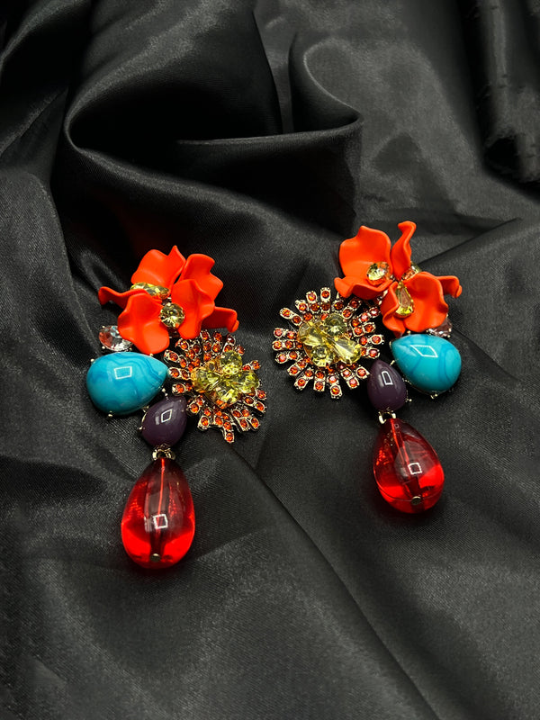 paradise chic earrings, red flower statement earrings, colorful gemstone earrings, bold tropical earrings, red teardrop earrings, vibrant fashion jewelryvacation jewelry