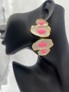 shell earrings, bold pink accent earrings, statement shell jewelry, open shell design earrings, gold-edged earrings, unique artistic earrings