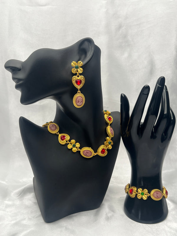 vintage jewelry set, gold cameo necklace, red heart jewelry, floral bracelet earrings set, romantic jewelry ensemble, statement necklace and bracelet