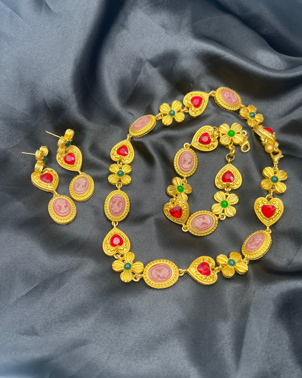 vintage jewelry set, gold cameo necklace, red heart jewelry, floral bracelet earrings set, romantic jewelry ensemble, statement necklace and bracelet